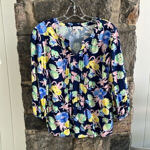 SIZE LP TALBOTS LONG SLEEVE BLOUSE. NAVY/ ASST SOFT COLORS PLEATS FRONT/BACK